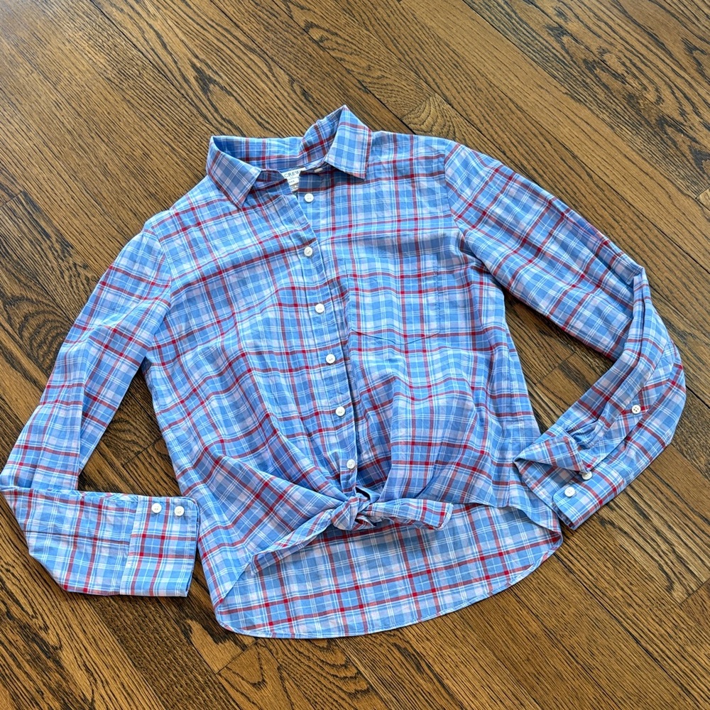 J. Crew tie front plaid Blue Plaid Button-Down Shirt with Red Accent, XXS